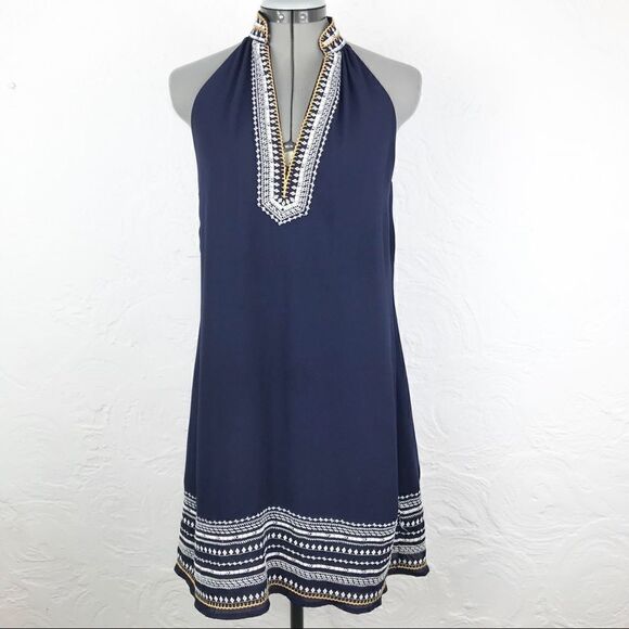 THML Navy with White Embroidery Halter Dress-S - Picture 2 of 12